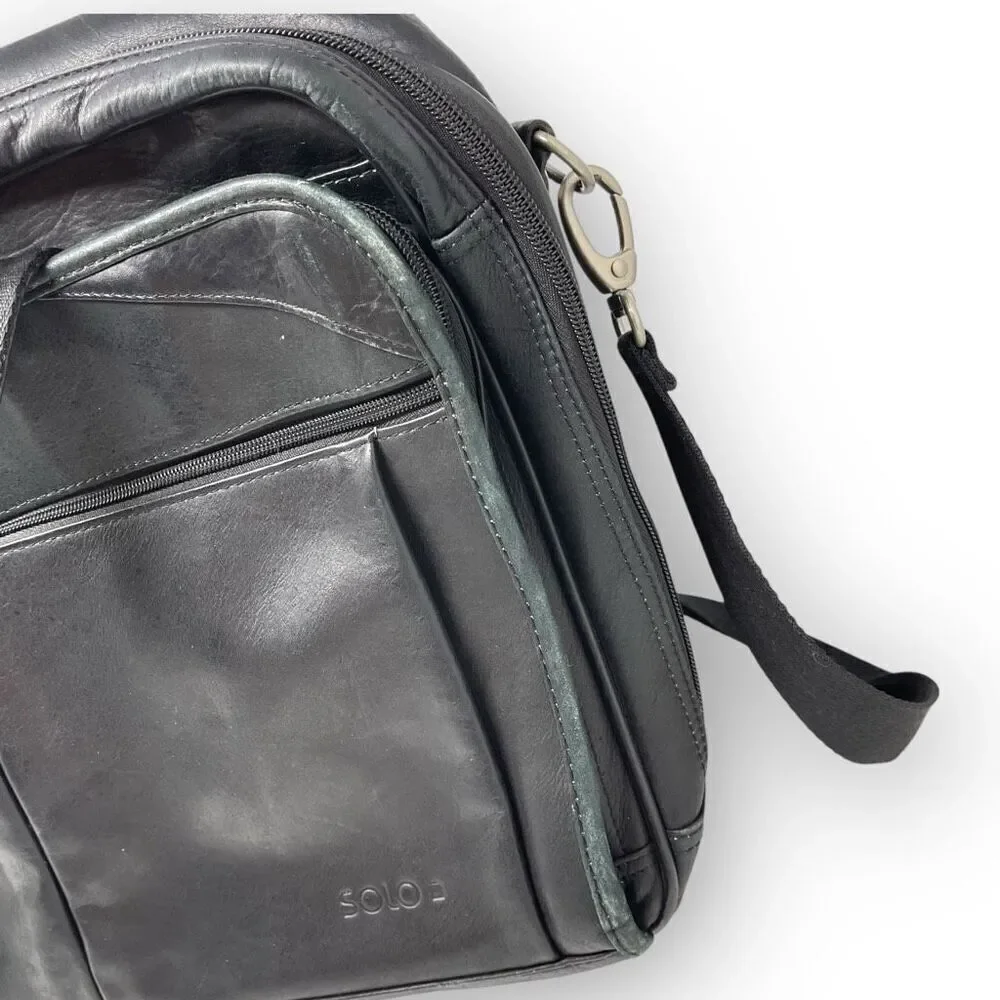 Solo New York Walker Black Leather Briefcase Rolling Travel Luggage Carry On Bag